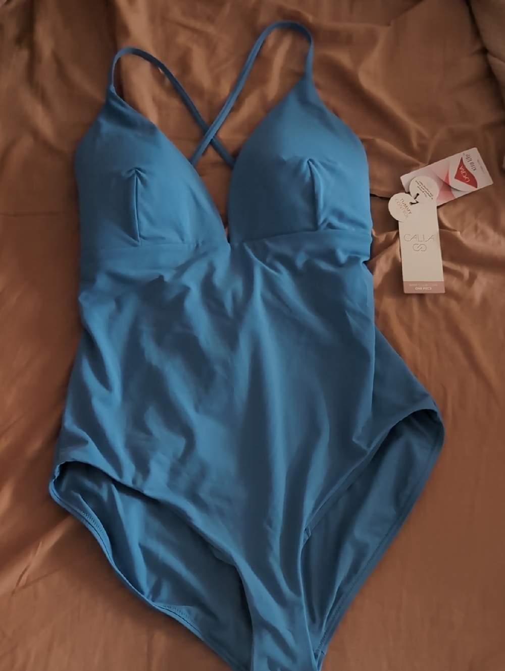 Calia Tummy Control 12 NWT Strappy Back One Piece Swim Suit Blue Large New